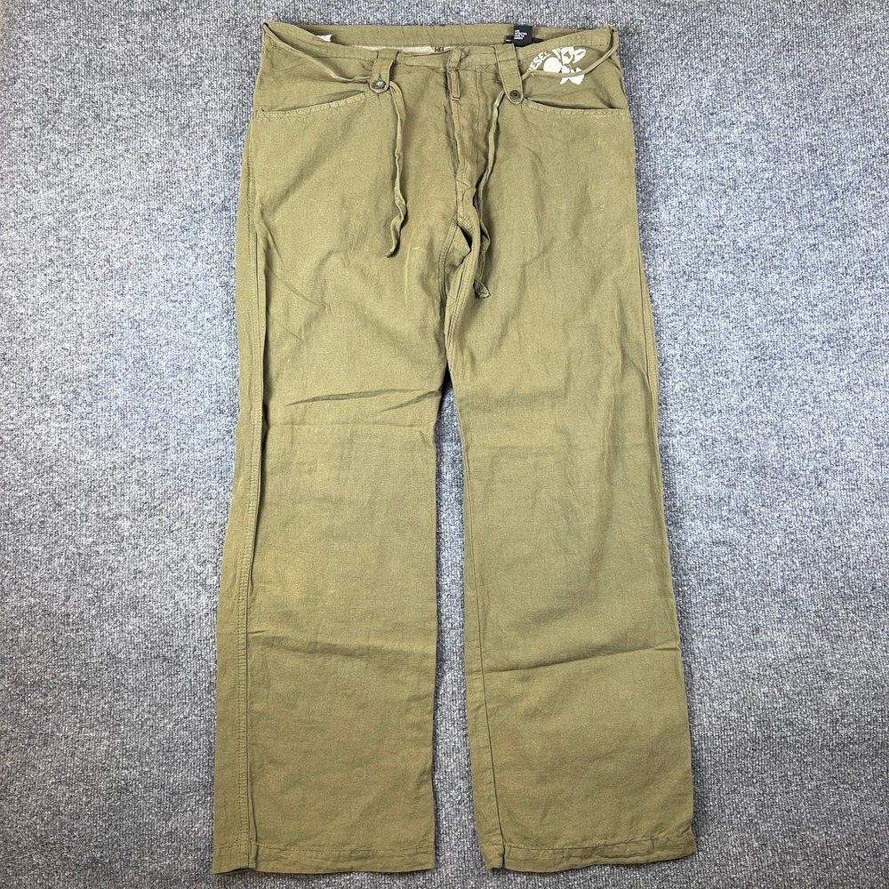 Diesel Pants Mens 32 Fits 36x32 Green Flax Linen Military Baggy Drawstring Y2K